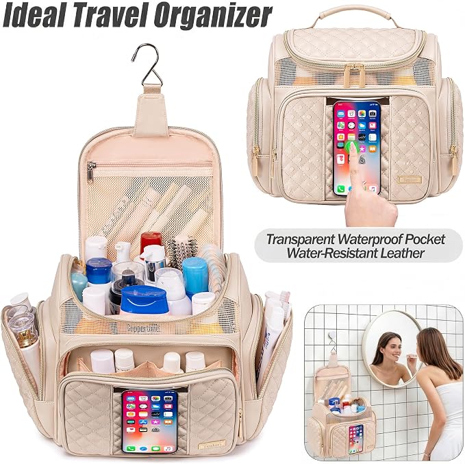 Large Leather Toiletry Bag for Women Men,Bathroom Bag,Water Resistant Shower Bag,Makeup Bag,Portable Shower Caddy for College Dorm,Hanging Travel Toiletry Bag with Transparent Waterproof Phone Pocket - Image 2