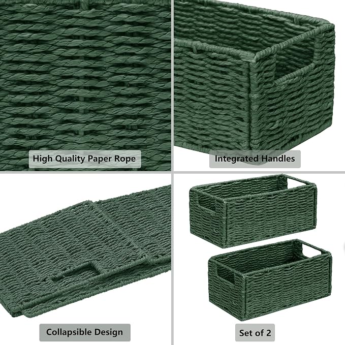 Wicker Storage Basket, Set of 2 Hand-Woven Paper Rope Wicker Basket, Small Storage Baskets for Organizing Toilet Paper, Foldable Small Cube Organizer Bins for Shelves and Bathroom (Green) - Image 4