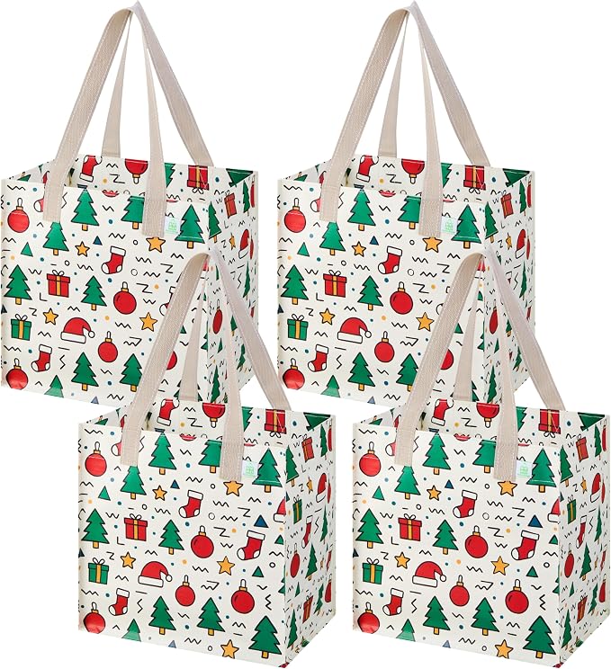 VENO 4 Pack Large Grocery Bag Reusable Shopping Bags with Hard Bottom | Utility Tote with Reinforced Handles, Heavy Duty, Foldable, Stand Upright, for Groceries Shopping Cart(Jingle Mix, 4 Pack) by Veno