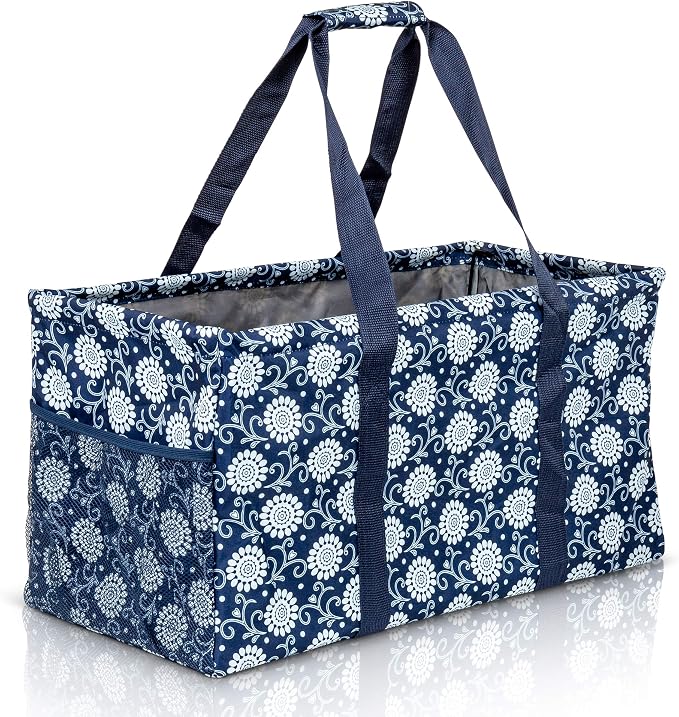 Extra Large Utility Tote Bag - Oversized Collapsible Reusable Wire Frame Rectangular Canvas Basket With Two Exterior Pockets For Beach, Pool, Laundry, Car Trunk, Storage - Navy Sunflower by Lucazzi
