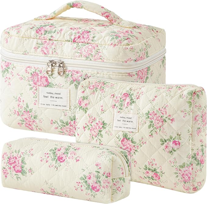 HBselect Quilted Makeup Bag, 3Pcs Cotton Large Travel Makeup Bags Organizer | Cute Floral Make up Bag Cosmetic Bag Toiletry Bag for Women Girls, Makeup Pouch for Skincare, Brushes & Travel Essentials by HBselect