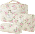 HBselect Quilted Makeup Bag, 3Pcs Cotton Large Travel Makeup Bags Organizer | Cute Floral Make up Bag Cosmetic Bag Toiletry Bag for Women Girls, Makeup Pouch for Skincare, Brushes & Travel Essentials by HBselect