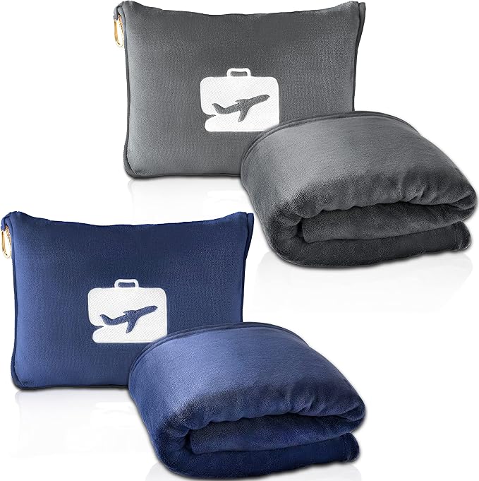EverSnug Travel Friendly Blanket and Pillow Bundle – Airplane Travel Accessories with Soft Bag Pillowcase for Women & Kids, Hand Luggage Sleeve and Backpack Clip | Color Includes Navy Blue & Grey by EverSnug
