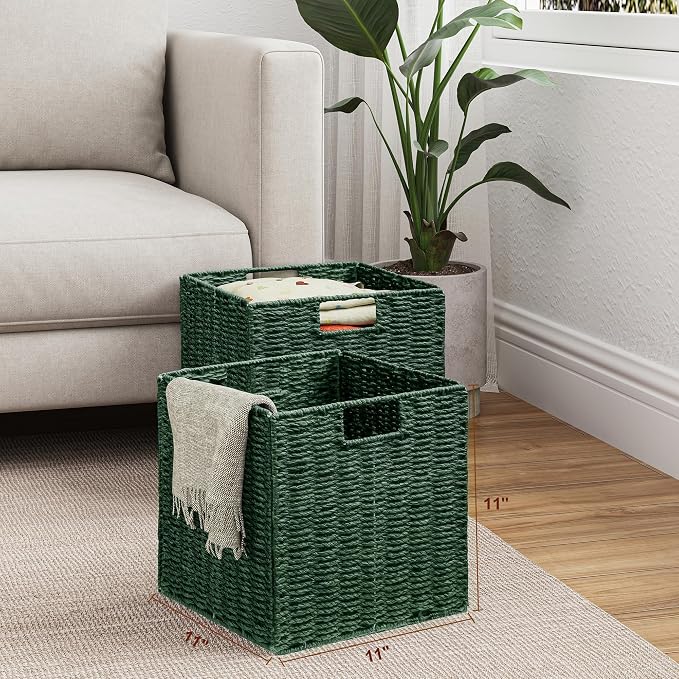 Wicker Storage Basket, Set of 2 Hand-Woven Paper Rope Wicker Baskets, Foldable Cube Storage Bins, Square Storage Baskets for Organizing Shelves & Decor, Green (11″×11″×11″) - Image 8