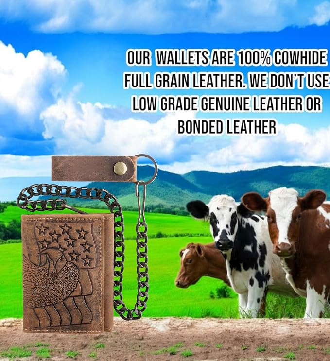 F&L CLASSIC RFID Blocking Men's Tri-fold Vintage Biker Cowhide Leather Steel Chain Wallet,Snap closure, brown,eagle flag,315-101 - Image 5