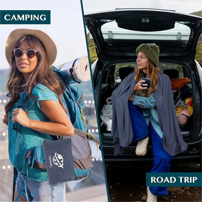 PAVILIA Travel Blanket Compact, Airplane Packable Bag, Soft Fleece Portable Throw Pillow Combo Set, Plane Flight Car Trips Essentials Gift Accessories, Luggage Backpack Clip, Navy Blue, 65 x 40 inch - Image 4
