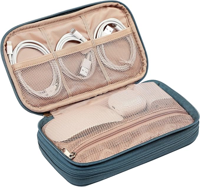 NISHEL Electronics Travel Organizer Cord Case, Charger Cable Tech Bag | Double-layer bag keeps chargers, cables, flash drive, and small tech essentials organized for trip, Medium, Lake-Blue - Image 5