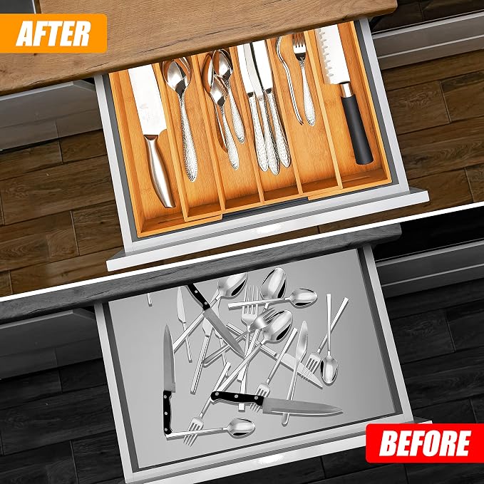 Bellsal Silverware Organizer Kitchen Drawer Organizer Expandable Bamboo Utensil Holder Cutlery Tray for Kitchen Utensil and Flatware Bedroom Office - Image 3