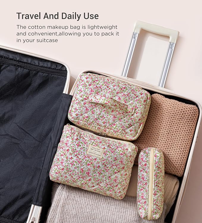 HBselect Quilted Makeup Bag, 3Pcs Cotton Large Travel Makeup Bags Organizer | Cute Floral Make up Bag Cosmetic Bag Toiletry Bag for Women Girls, Makeup Pouch for Skincare, Brushes & Travel Essentials - Image 4