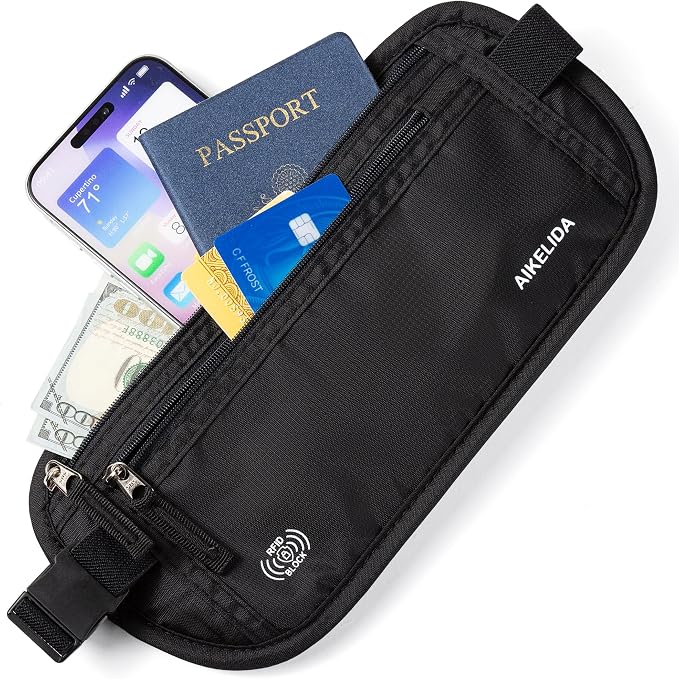 RFID Blocking Money Belt - Passport Holder & Travel Wallet, Slim Hidden Fanny Packs for Women Men - Black - Image 2