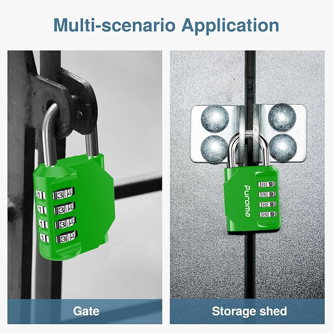 Puroma 2 Pack Combination Lock Locker 4 Digits Combo Padlock Gym Green | For School Gate Fence Toolbox Hasp Storage, Outdoor, Resettable, Weatherproof, Side Window, Crack Cut Resist, Hardened Steel - Image 6