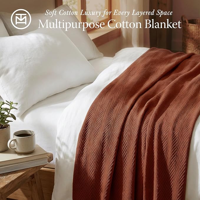 Threadmill Luxury Cotton Blankets for Queen Size Bed | All-Season 100% Cotton Queen Size Blanket | Herringbone Cozy, Soft Breathable Fall Thermal Blanket fits Full Size Bed | Paprika - Image 2