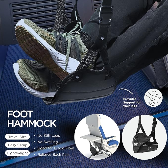Homeify Airplane Travel Kit – Adjustable Memory Foam Airplane Neck Pillow with Phone Holder, Eye Mask, Foot Hammock, and Earplugs – 6 Piece Plane Travel Essentials for Long Flights - Image 8