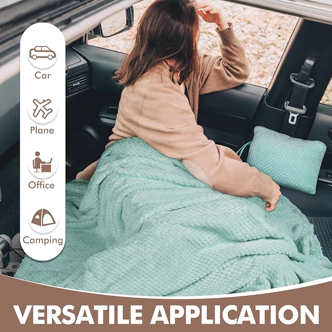 Tirrinia Travel Blanket and Pillow Set, Soft Compact Airplane Blanket with Foot Pockets, 4-in-1 Travel Essentials for Women Men, Portable Travel Gifts for Her, Travel Blanket for Airplanes, Cars - Image 4