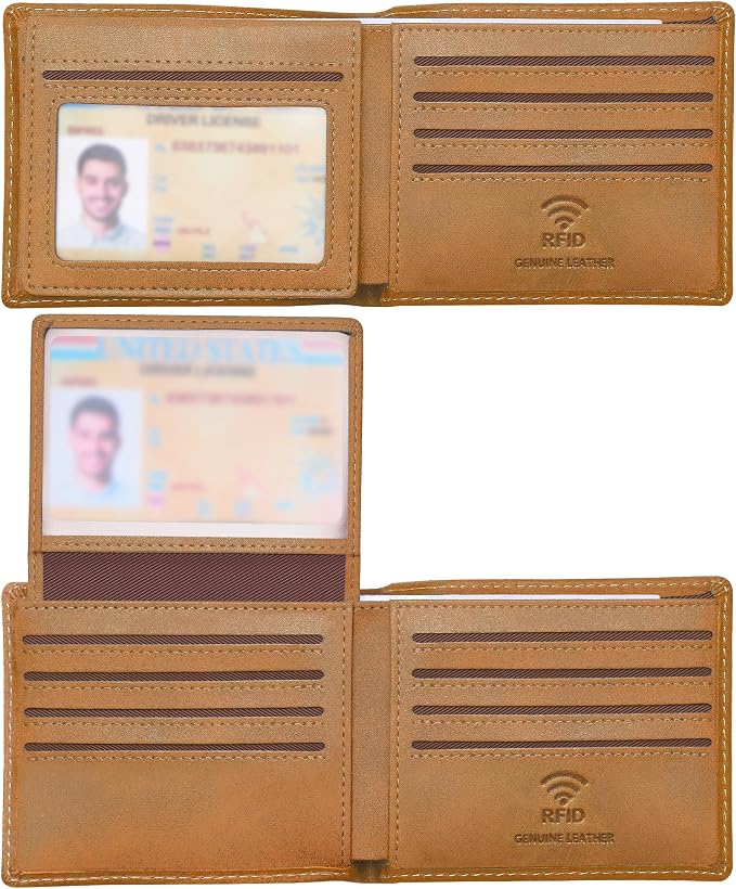 Travelambo Genuine Leather Wallet for Men with Gift Box - Handmade Bifold Stylish - Mens Wallets Rfid Blocking with 2 ID Windows by Travelambo