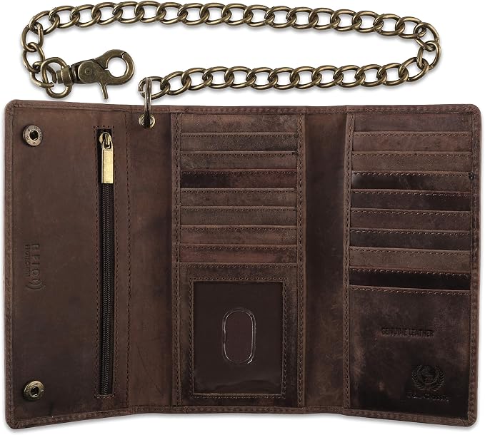 F&L CLASSIC RFID Blocking Mens Tri-fold Long Style Cowhide Leather Steel Chain Wallet,Antique dark brown - Image 7