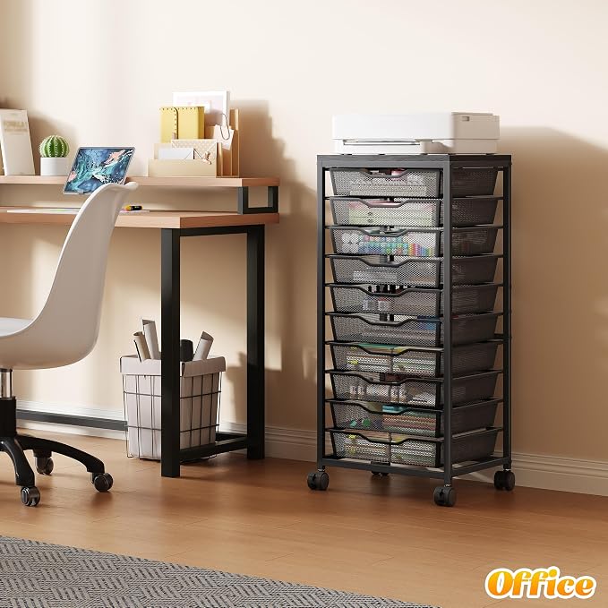 10-Drawer Rolling Storage Cart, Craft Organizers and Storage, Black | 12x12 Inch Storage Drawers for Scrapbook Paper,Classroom,Craft,Bathroom,Teacher,Office,Art,Metal Organizer Cart with wheels - Image 7