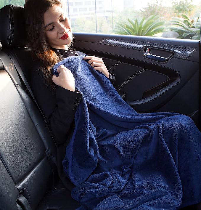 BlueHills Premium Soft Travel Blanket Pillow Airplane Compact - Navy Blue | Convertible 2 in 1 Travel Blanket to Pillow, Packed in Pillowcase, Luggage Strap & Carabiner, Compact, Long Flight Essentials - Image 4