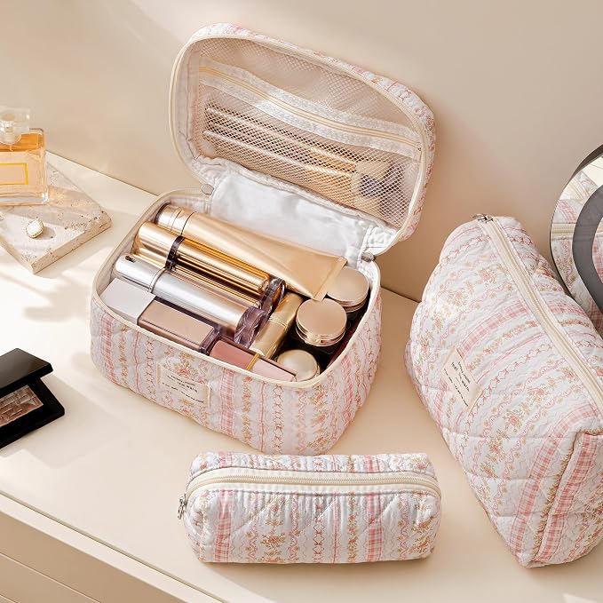 HBselect Quilted Makeup Bag, 3Pcs Cotton Large Travel Makeup Bags Organizer | Cute Floral Make up Bag Cosmetic Bag Toiletry Bag for Women Girls, Makeup Pouch for Skincare, Brushes & Travel Essentials - Image 3