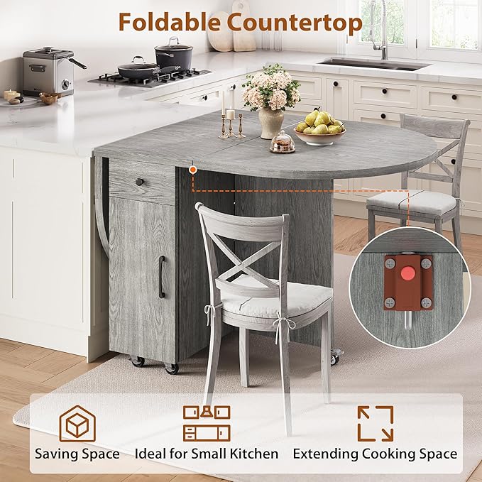Jocoevol Round Folding Dining Table for 4, Space Saving Drop Leaf Kitchen Table with Storage Drawer, 6 Wheels Oval Gateleg Foldable Dining Table for Small Spaces(Grey 47 * 23.6 * 30) - Image 6