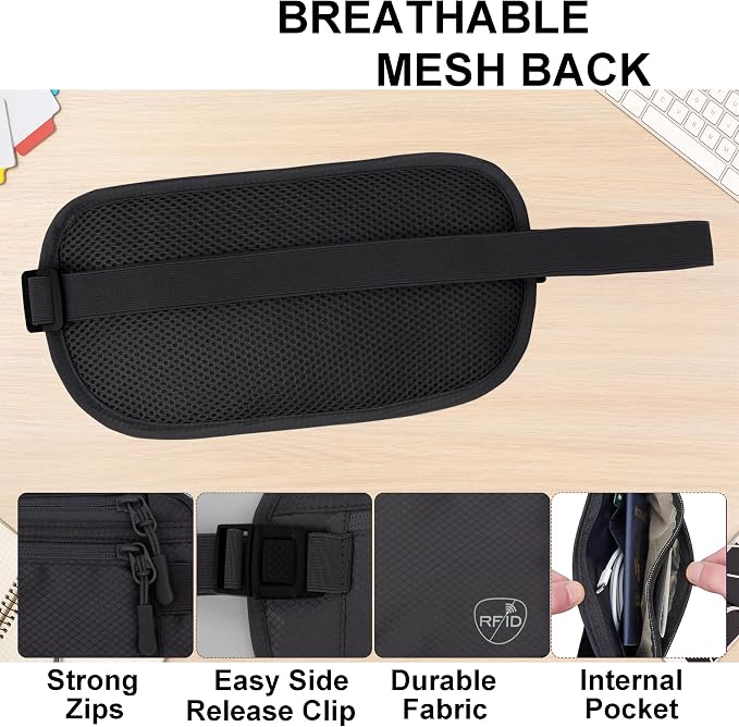 Money Belt, Hidden Travel Wallet for Passport, RFID Blocking Passport Pouch, Passport Holder for Travel, Undercover Fanny Pack(Black) - Image 7