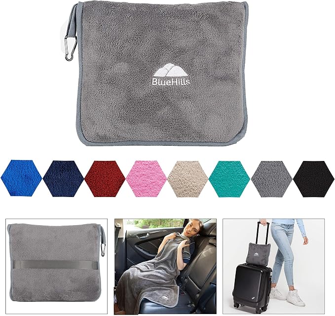 BlueHills Long Travel Blanket Pillows for Two Airplane Traveling Essentials Flight Throws in Bag case with Backpack Clip Compact Large Plane Accessories – Gray and Pink - Image 8