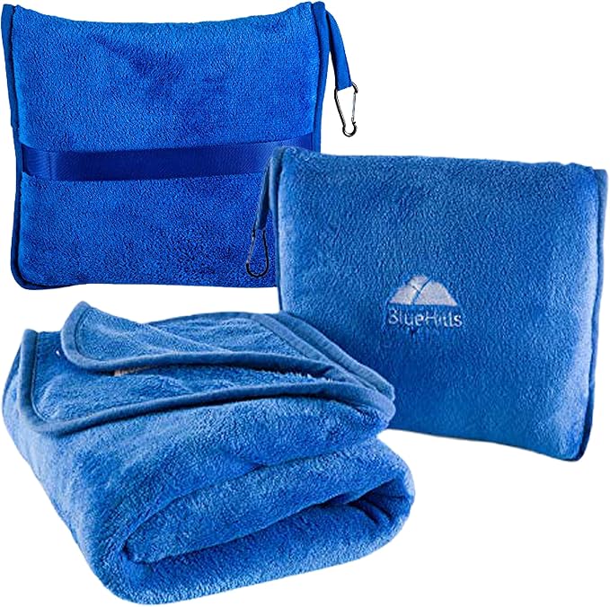 BlueHills Premium Soft Travel Blanket Pillow Plush Airplane, Car Royal Blue | Must Have Airplane Essentials, Luggage Belt & Carabiner, Matching Soft Case, 2 in 1 Travel Blanket Pillow Combo, Travel Gift by BlueHills