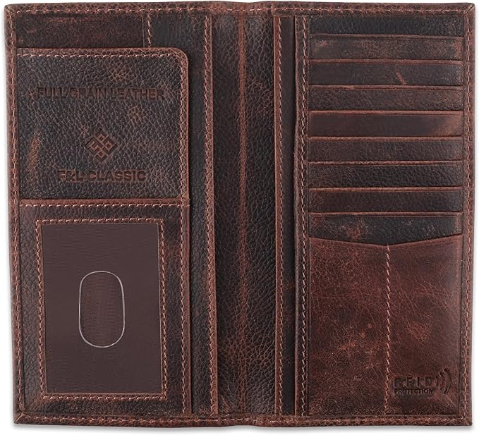 F&L CLASSIC Men's RFID Vintage Look Genuine Leather Long Bifold Wallet Checkbook Wallets,hard wax crunch,240-52 by FLCLASSIC