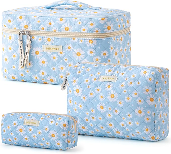 HBselect Quilted Makeup Bag, 3Pcs Cotton Large Travel Makeup Bags Organizer | Cute Floral Make up Bag Cosmetic Bag Toiletry Bag for Women Girls, Makeup Pouch for Skincare, Brushes & Travel Essentials by HBselect