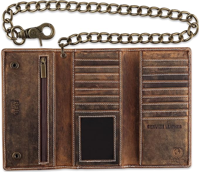 F&L CLASSIC Chain Wallets for Men buffalo premium leather RFID blocking long style Tri-fold for Trucker, bikers, vintage look,buff hunter White stitching,212 by FLCLASSIC