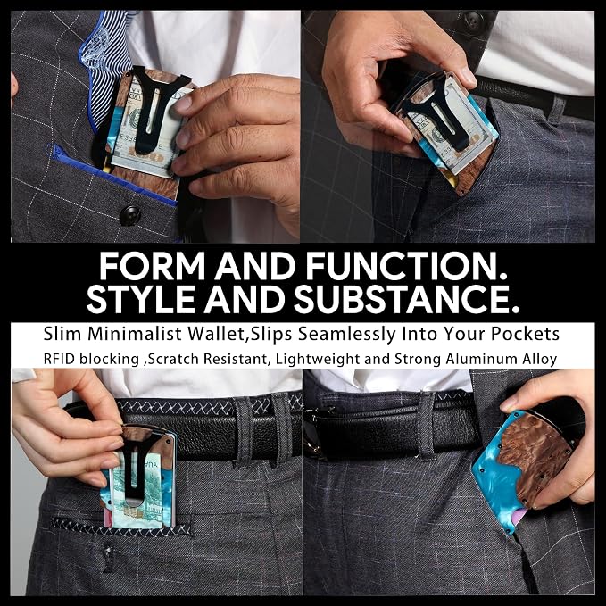 Minimalist Wallet for Men, Slim Metal RFID Blocking Wallet Credit Card Holder Money Clip & Cash Strap, Scratch-Resistant Holds 15 Cards,Ideal Gift for Men | Resin Wood, Unique Pattern,Black - Image 6