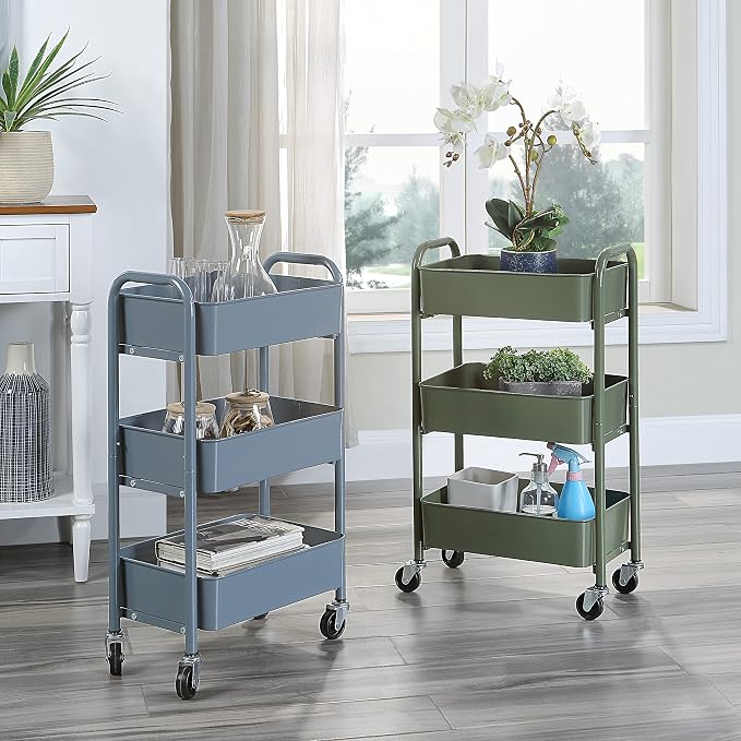 SunnyPoint 3-Tier Delicate Compact Rolling Metal Storage Organizer - Mobile Utility Cart Kitchen/Under Desk Cart with Caster Wheels - Army (15.35" X 10.24" X 26.8"H) - Image 5