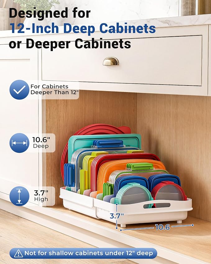 EVERIE Expandable Food Container Lid Organizer for Cabinet, Fits 12-Inch Deep or Deeper Cabinets , Adjustable 13.4" to 20.5", 8 Adjustable Dividers for lids , Drawer, Pantry and Kitchen Storage - Image 3