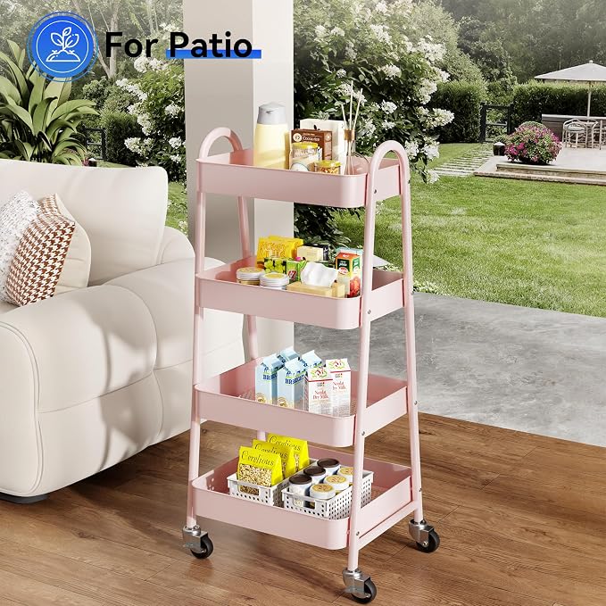 OLIXIS Metal 4 Tiers Rolling Storage Utility Cart with Lockable Wheels | Mobile Organizer Shelf, Space-Saving, Freestanding, Bathroom, Living Room, Slim, Narrow Corner Spaces, Pink - Image 8