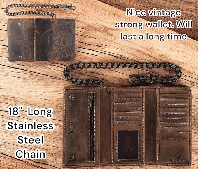 F&L CLASSIC RFID Blocking Mens Tri-fold Long Style Cowhide Leather Steel Chain Wallet,brown eagle/flag,212-101 - Image 4