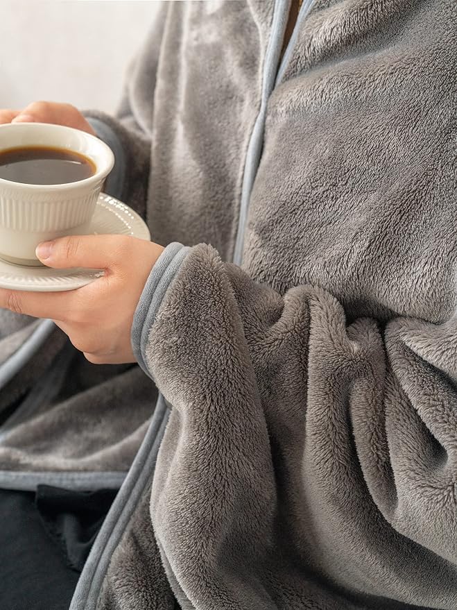Shawl Blanket Pillow 2-in-1 with Sleeves for Office, Work, Home (Dark Grey, 40x60) - Wearable Adult Snuggie Coat Poncho, Airplane Travel Set, Fleece Shoulder Wrap for Men and Women - Image 3