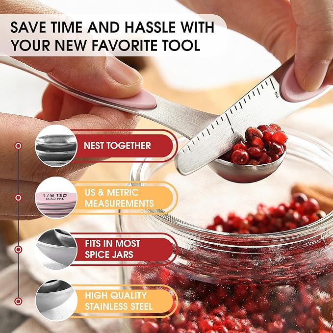 Spring Chef Stainless Steel 8 Magnetic Measuring Spoons Set, Pink Lemonade | Dual Sided Metal Teaspoon & Tablespoon Measuring Spoons with Leveler for Dry & Liquid Ingredients, Fits in Kitchen Spice Jars - Image 2