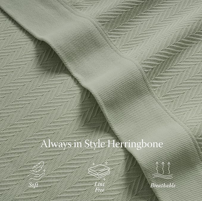 Threadmill Cotton Twin Blanket, Herringbone, Sage Green, 68x92 in | 100% Cotton, Herringbone Pattern, 350 GSM, 68x92 in, Breathable, All-Season, OEKO-TEX Certified, Machine Washable - Image 4