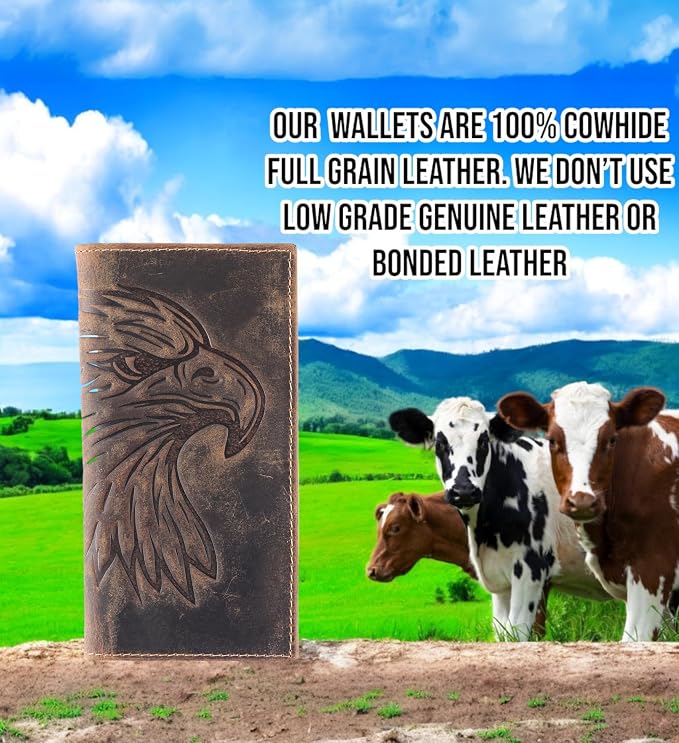 F&L CLASSIC Men's RFID Vintage Look Genuine Leather Long Bifold Wallet Checkbook Wallets,brown eagle head,240-102 - Image 4