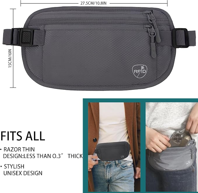 Money Belt, Hidden Travel Wallet for Passport, RFID Blocking Passport Pouch, Undercover Fanny Pack(Grey) - Image 2
