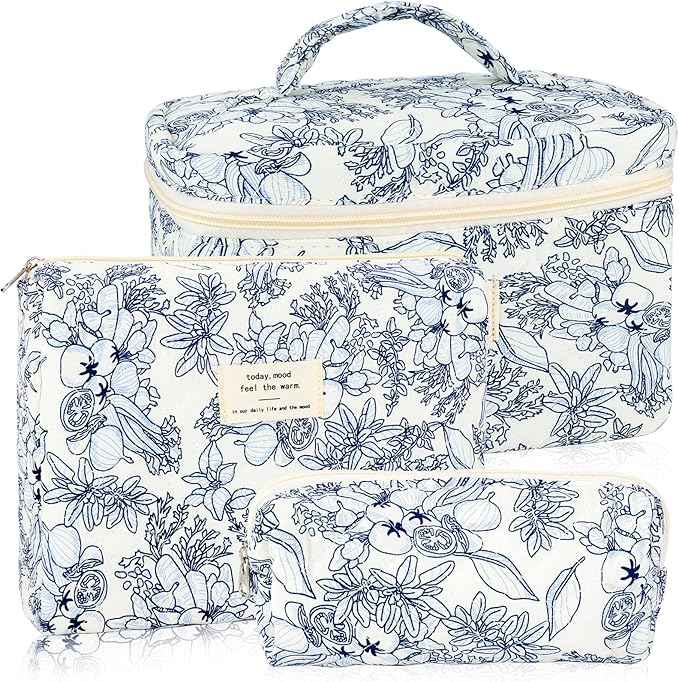 URSKYTOUS 3Pcs Cotton Quilted Makeup Bag for Women Girls Large Small Travel Black Floral Cosmetic Bags Set Cute Coquette Makeup Pouch for Purse Aesthetic Cloth Flower Storage Toiletry Bag Organizer by URSKYTOUS
