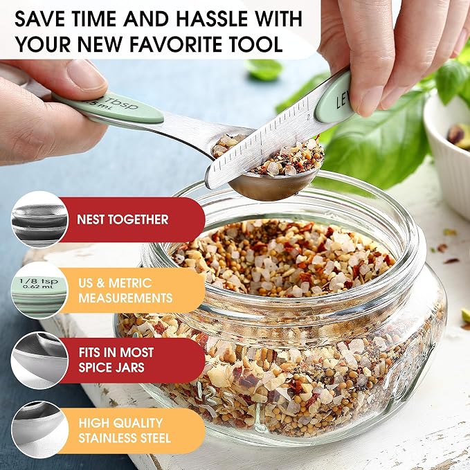 Spring Chef Stainless Steel Magnetic Measuring Spoons Set of 8, Pistachio | Nesting Metal Teaspoon & Tablespoon Measuring Spoons with Leveler for Dry & Liquid Ingredients, Dual Sided, Dishwasher Safe - Image 6