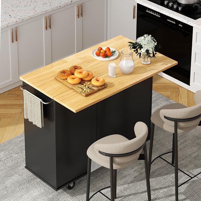 Shintenchi Kitchen Island with Folding Drop Leaf, Rolling Island Table with Storage, Kitchen Cabinet on Wheels with Seating Area for Kitchen, Bar Cart with Cabinet, Black by Shintenchi%7CFurnitureMadeforRealLife