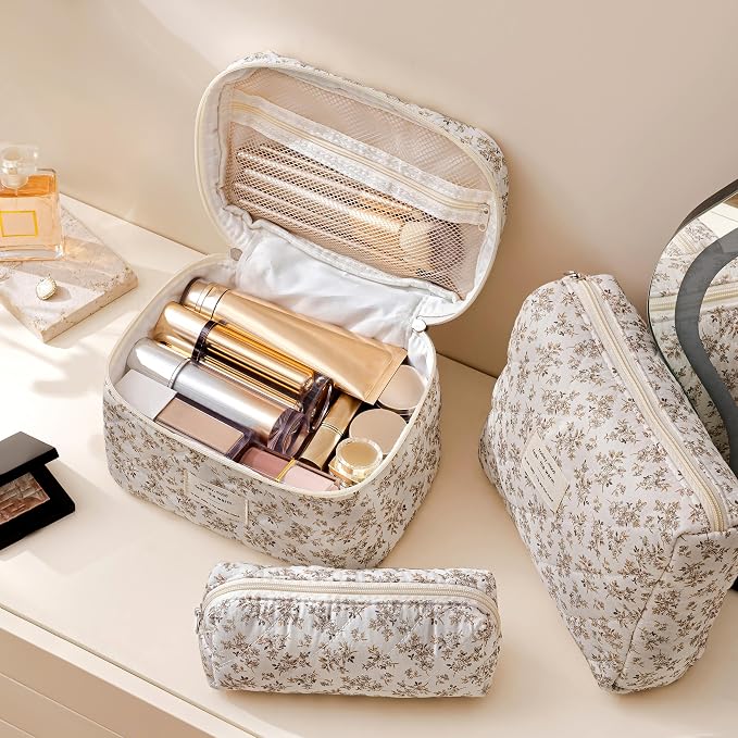 HBselect Quilted Makeup Bag, 3Pcs Cotton Large Travel Makeup Bags Organizer | Cute Floral Make up Bag Cosmetic Bag Toiletry Bag for Women Girls, Makeup Pouch for Skincare, Brushes & Travel Essentials - Image 3