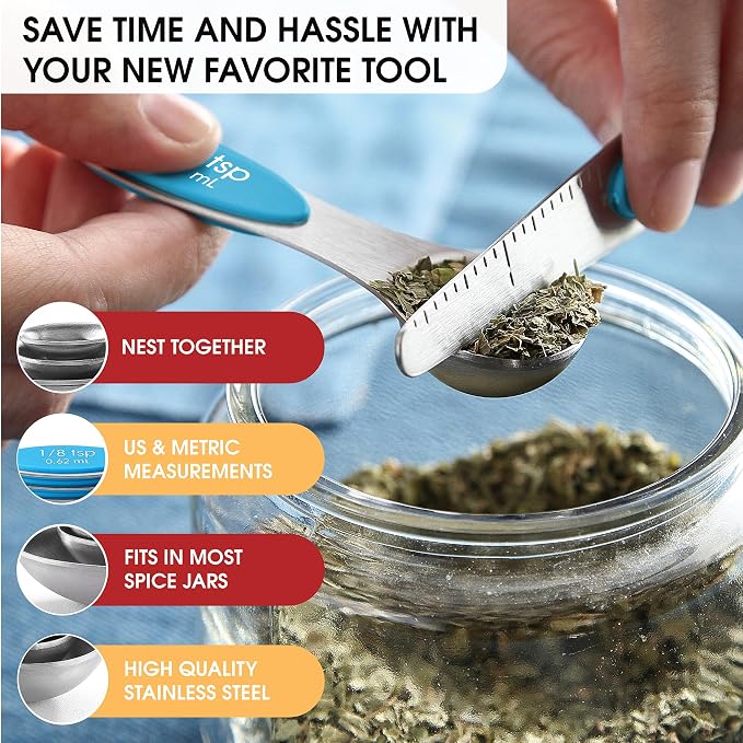 Spring Chef Stainless Steel 8 Magnetic Measuring Spoons for Kitchen, Teal | Dual Sided Metal Teaspoon & Tablespoon Measuring Spoons with Leveler for Dry & Liquid Ingredients, Stackable, Dishwasher Safe - Image 6