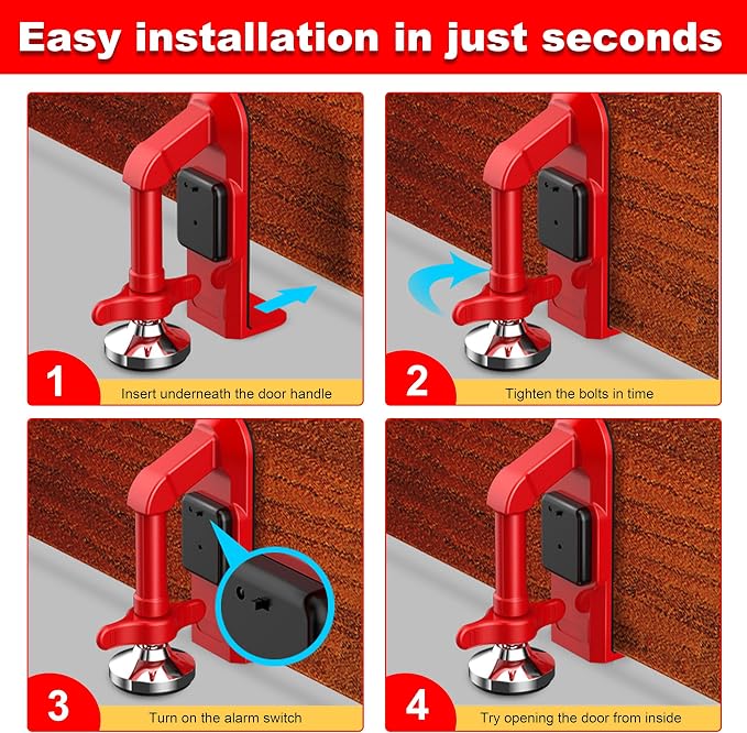 Portable Alarm Door Stopper - 80dB Anti-Theft Security Alarm Door Stoppers for Bottom of Door, Adjustable and Easy to Install for Home, Office, and Travel, Door Security Devices (Red) - Image 5
