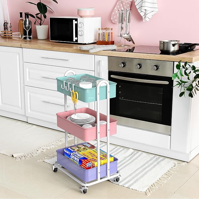Simple Houseware 3-Tier Heavy Duty Metal Utility Rolling Cart, Multicolor - Image 5
