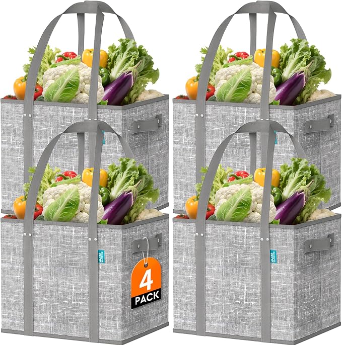 Fab totes Reusable Grocery Bags, Large Foldable Shopping Tote Bags with Reinforced Handles & Hard Bottom,4 Pack, Grey by Fabtotes