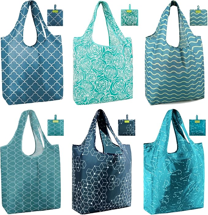 BeeGreen Reusable Shopping Bags Cute Grocery Bag 6 Pack, Reusable Gift Bags Heavy-Duty Foldable Shopping Totes for Supermarket, Work & Travel, Large Washable Polyester Tote Bag with Handles by BeeGreen
