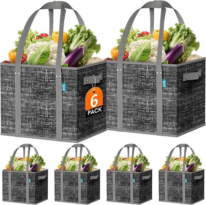 Fab totes Reusable Grocery Bags, Large Foldable Shopping Tote Bags with Reinforced Handles & Hard Bottom,6 Pack, Black by Fabtotes